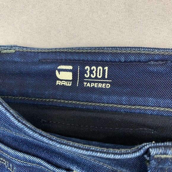 G Star Raw Mens Pants 31 Blue Jeans 3301 Tapered Button Fly Dark Wash 31x32 - Picture 6 of 15